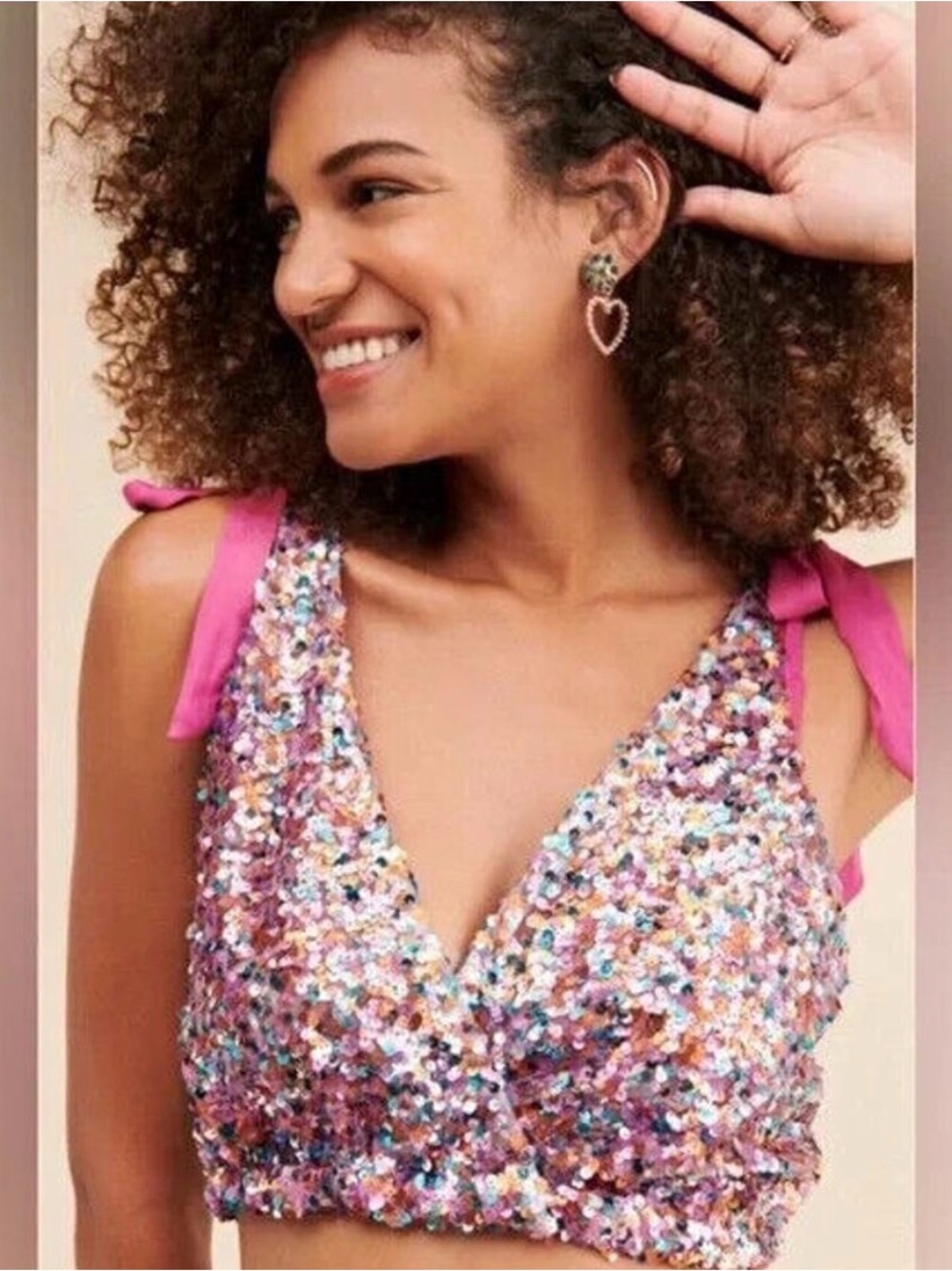 NWOT Free People ‘Big Night Out’ Pink Multi-Sequin Tie-Shoulder Crop Top Sz S